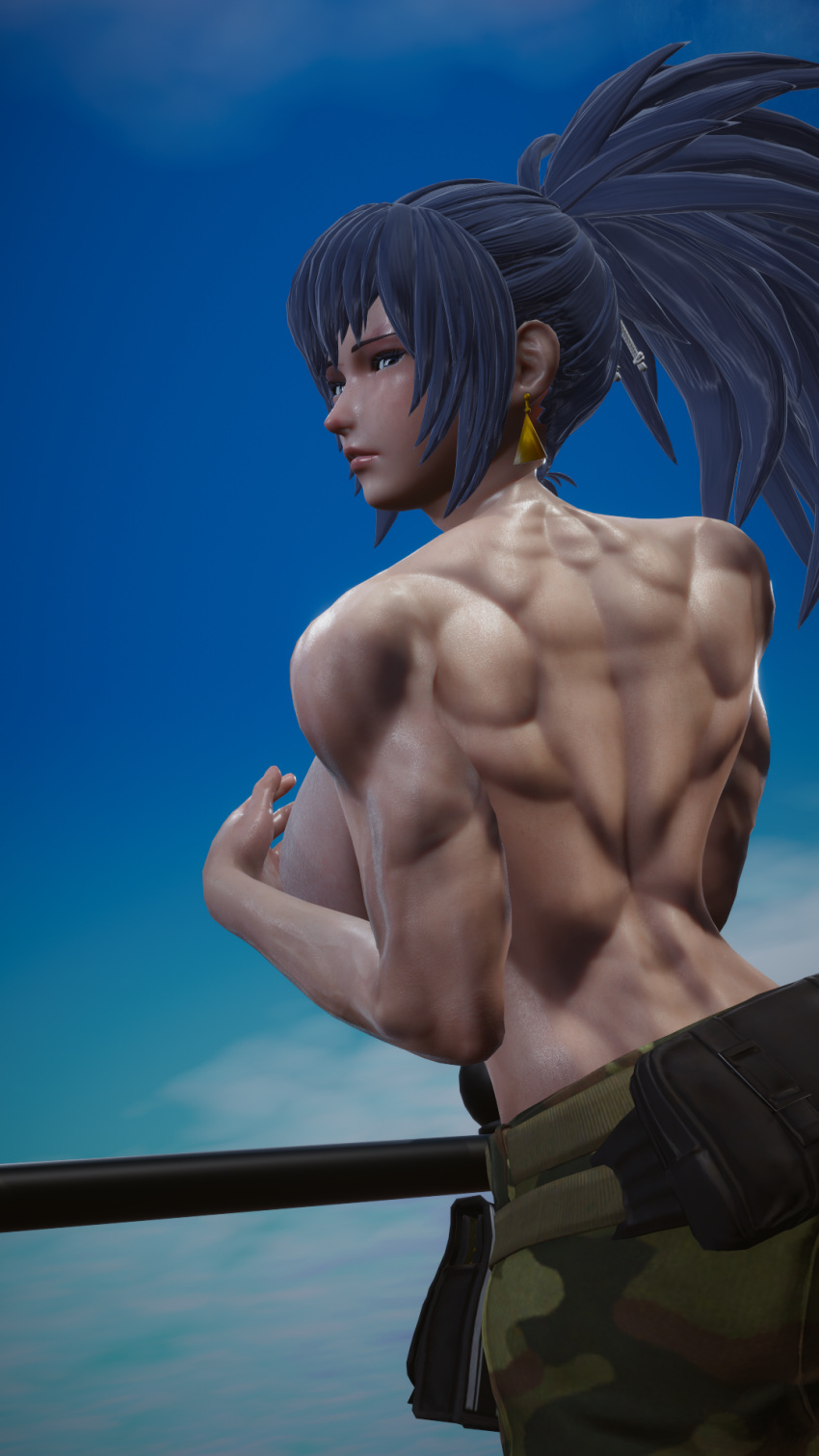 1girls 3d 3d_(artwork) abs areolae bangs belly_button blue_eyes blue_hair blue_pubic_hair breasts busty effineffer eyelashes female female_focus female_only ikari_warriors king_of_fighters large_breasts leona_heidern long_hair muscles muscular_back muscular_female navel nipples ponytail shiny_skin snk solo stars sweat topless water wet wet_skin