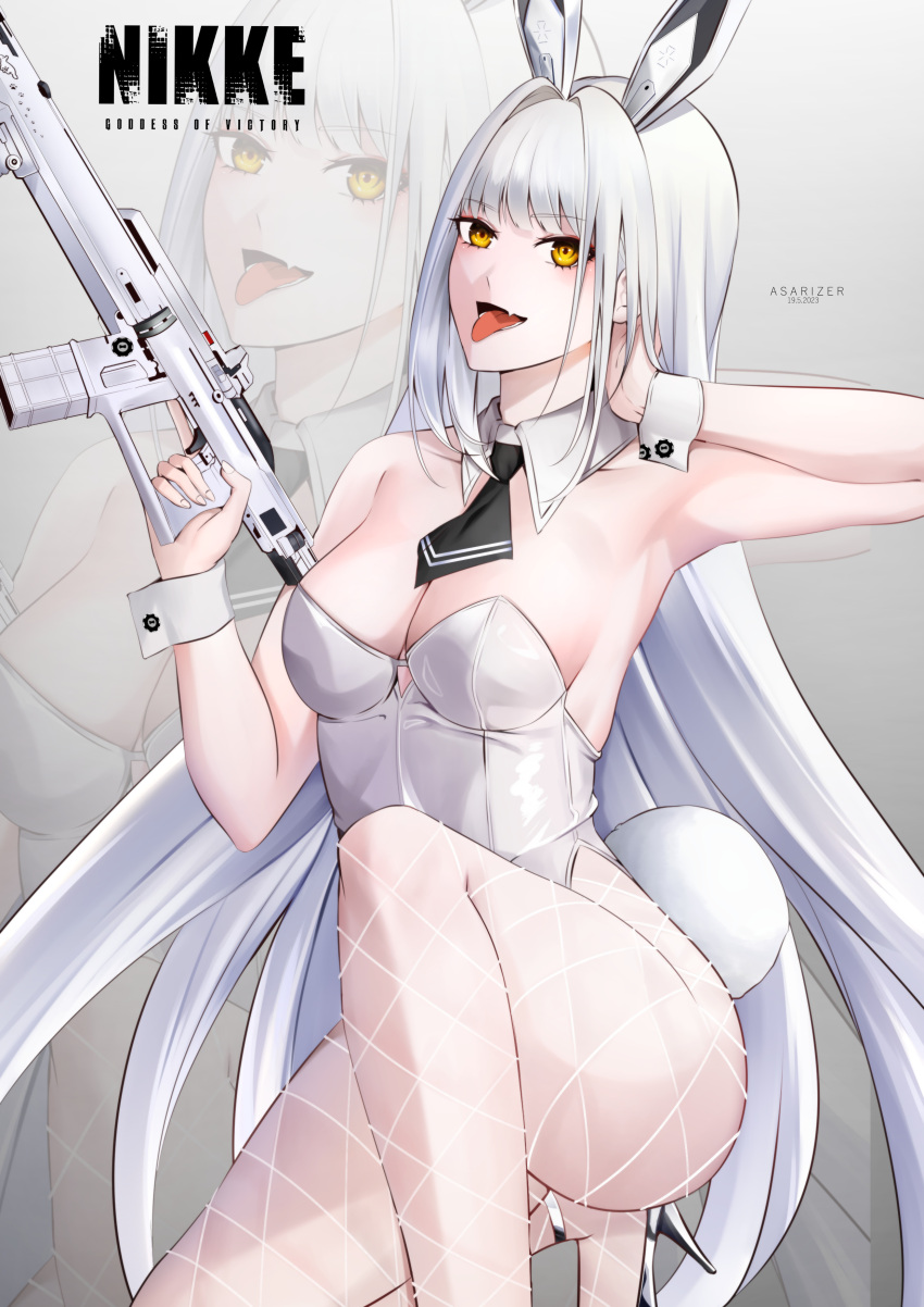 1girls absurd_res arm_up armpits black_tie blanc_(nikke) breasts bunny_ears bunny_girl bunny_tail cleavage collar detached_collar exposed_shoulders female fishnets goddess_of_victory:_nikke hand_on_neck holding_object kneeling long_hair open_mouth orange_eyes rifle silver_heels slim solo tongue tongue_out white_hair white_leotard