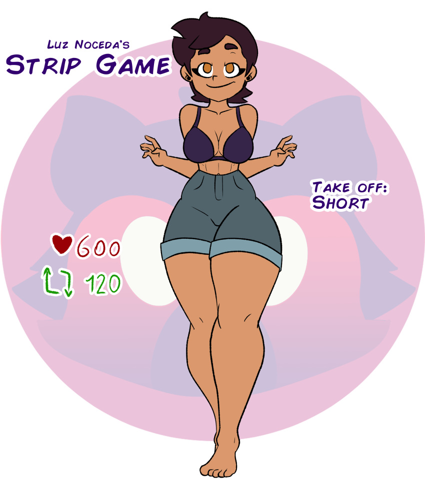 barefoot big_ass bra dark-skinned_female dark_skin disney evil_raccoon feet gold_eyes large_ass latina luz_noceda medium_breasts pear-shaped_figure pear_shaped seductive seductive_smile short_hair shorts strip_game the_owl_house thick thick_ass thick_thighs thighs toes