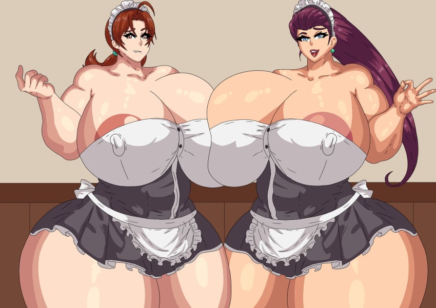 2girls areola_slip areolae big_breasts blue_eyes breast_to_breast breasts brown_eyes brown_hair cleavage delia_ketchum_(pokemon) earrings female female_only gohu13 hair headwear hips huge_breasts jessie_(pokemon) large_breasts lips long_hair maid maid_headdress maid_outfit maid_uniform mature mature_female mature_woman milf mother multiple_girls pink_hair pokemon pokemon_(anime) ponytail thick_thighs thighs tongue tongue_out wide_hips