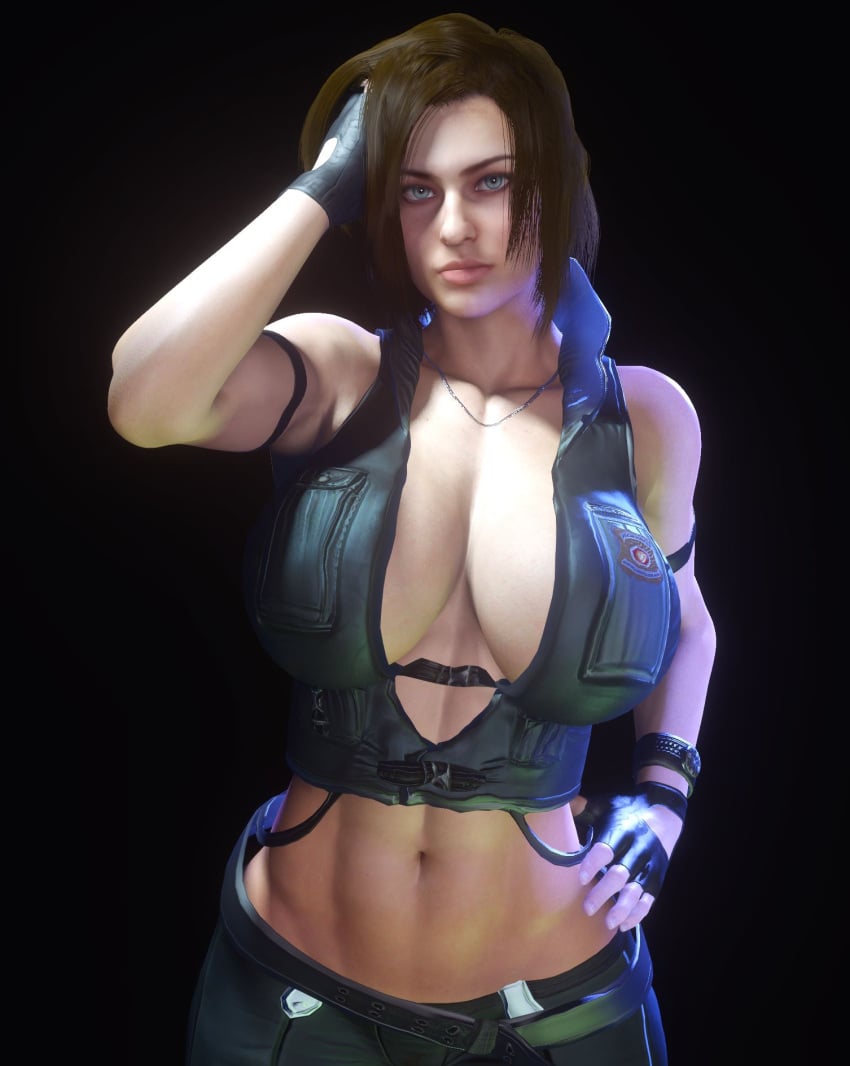 1girls 3d 3d_(artwork) abs black_background blue_eyes breasts brown_hair capcom cleavage clothing fingerless_gloves hips jill_valentine large_breasts looking_at_viewer mortal_kombat mortal_kombat_(2011) netherrealm_studios resident_evil resident_evil_3 simple_background sonya_blade sonya_blade_(cosplay) sonya_blade_(mk9) tummy urbanator