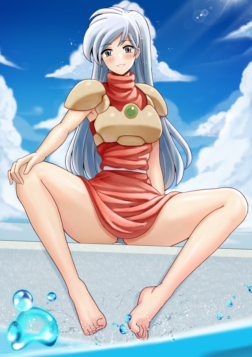 1girls bare_legs barefoot breasts caeda_(fire_emblem) commission female female_only fire_emblem fire_emblem:_mystery_of_the_emblem grey_eyes grey_hair grey_panties grin legs looking_at_viewer nintendo outdoors panties pantyshot pantyshot_(sitting) saikunartworks sitting sky small_breasts smile solo underwear upskirt water