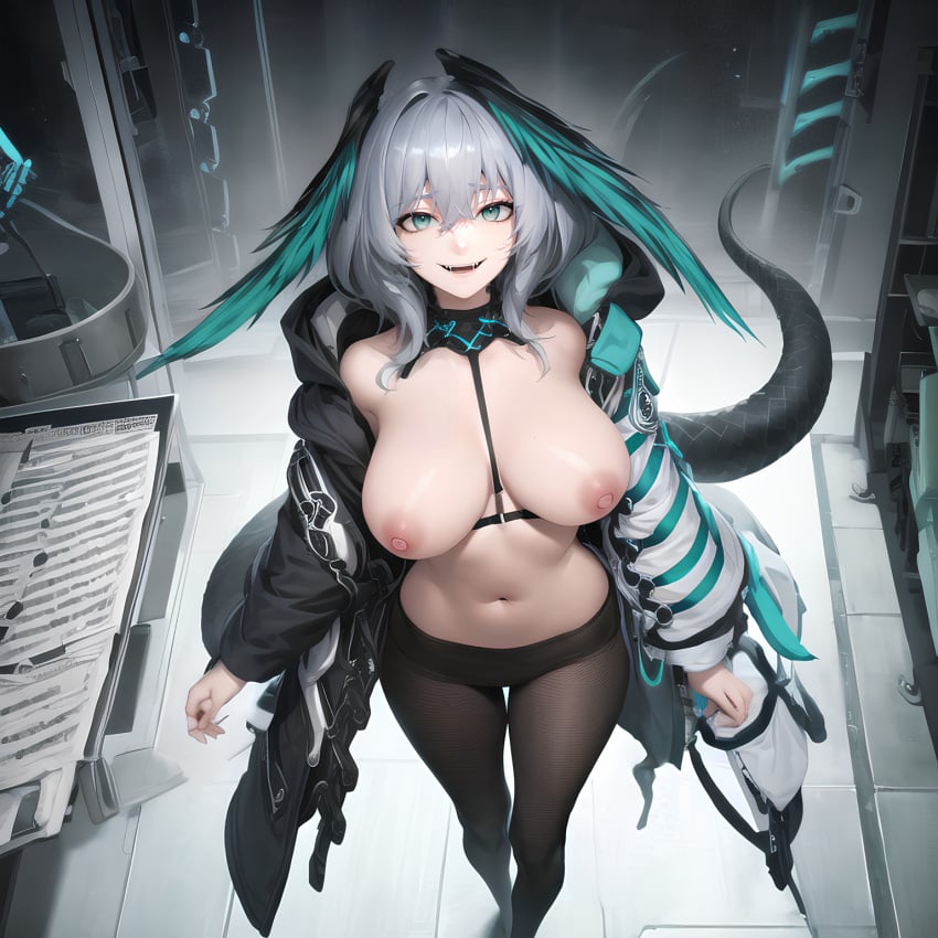 1girls ai_generated arknights big_breasts black_pantyhose breasts coat dragon_tail fangs full_body green_eyes green_hair headwings ho'olheyak_(arknights) nipples open_clothes open_mouth pantyhose smile stable_diffusion standing tail thanatosai topless topless_female