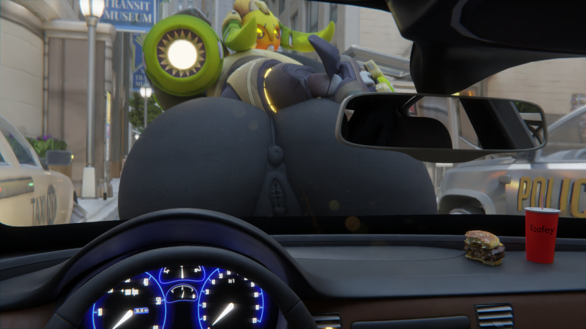 3d 3d_(artwork) anus ass beverage big_butt blender_(software) blizzard_entertainment burger car city container cup female food genitals hi_res huge_butt koofey looking_at_viewer looking_back machine mirror orisa overwatch police police_car presenting pussy robot sign smile solo street street_lamp taur teasing vehicle watermark