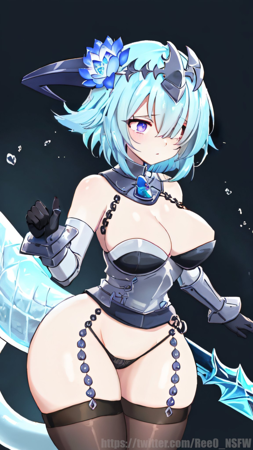 ai_generated bangs bare_shoulders black_gloves black_panties black_thighhighs blue_hair breasts chains cleavage dragon_girl dragon_horns dragon_tail female female_only filene_(shadowverse) flower gauntlets gloves hair_flower hair_ornament hair_over_one_eye horns large_breasts light-skinned_female light_skin looking_at_viewer panties polearm purple_eyes ree0 shadowverse short_hair solo tail thick_thighs thighhighs thighs underwear weapon