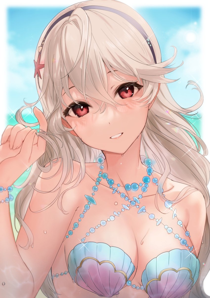 1girls alternate_costume bikini black_hairband breasts cleavage collarbone corrin_(female)_(fire_emblem) corrin_(fire_emblem) corrin_(fire_emblem)_(female) female female_only fire_emblem fire_emblem_cipher fire_emblem_fates grey_hair grin hair_between_eyes hair_ornament hairband haru_(nakajou-28) highres long_hair looking_at_viewer medium_breasts nintendo official_alternate_costume pointy_ears shell shell_bikini smile solo starfish_hair_ornament swimsuit wavy_hair wet