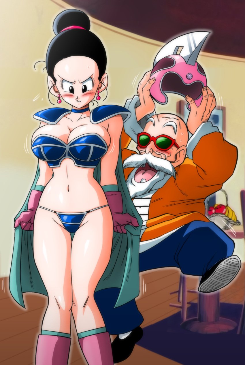 1boy 1girls 2d age_difference big_breasts blush breasts cheating cheating_wife chichi chichi's_armor chichi's_helmet chichi_(majin_buu_saga) child_bearing_hips dragon_ball dragon_ball_z female footwear full_color kame_paradise_2 male master_roshi muten_roushi no_penetration older_male tagme yamamoto_doujin younger_female