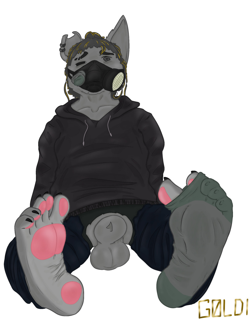 anthro canid canine canis clothed clothing drugged feet foot_fetish foot_focus footwear gas_mask goldi_(the_g0lden_0ne) hi_res hoodie male mammal mask one_sock_on pawpads piercing sitting sniffing sock_sniffing socks solo substance_intoxication the_g0lden_0ne topwear torn_clothing wolf