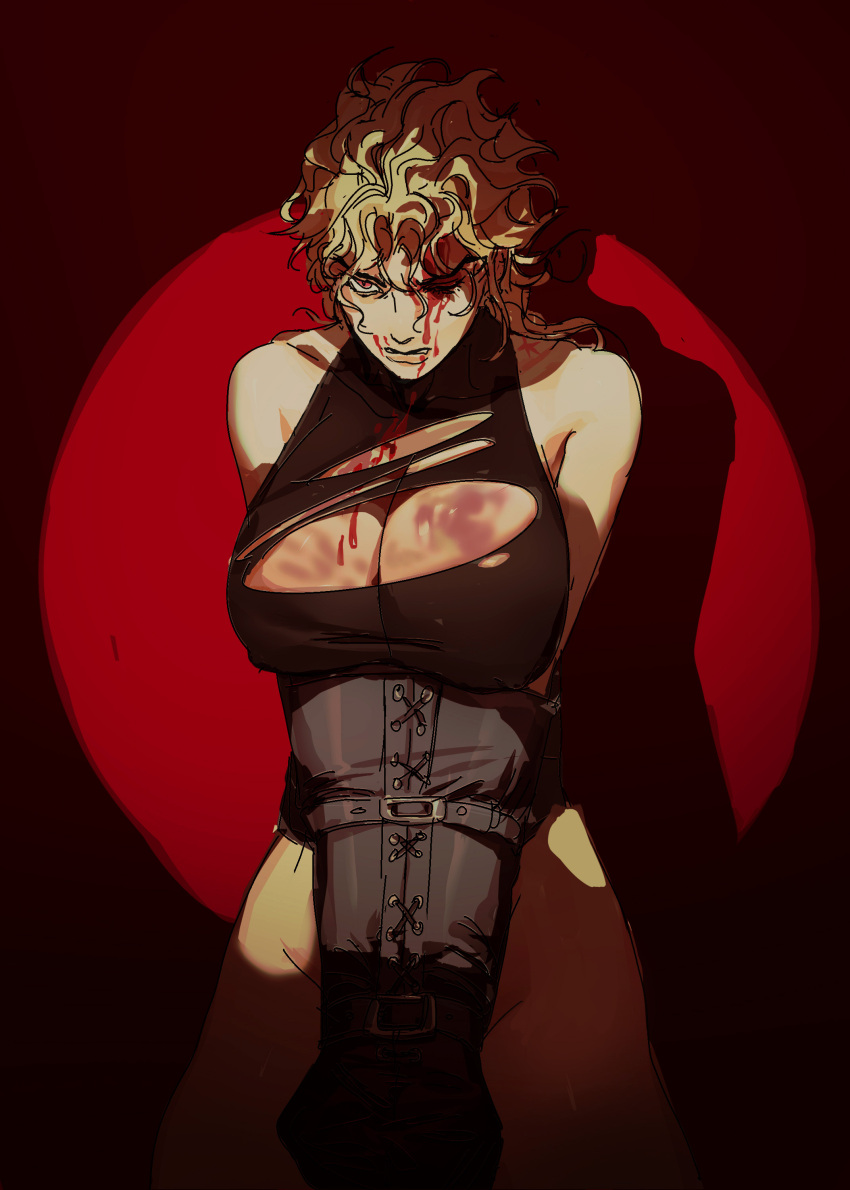 1girls ashva birthmark bleeding blonde_hair blood blood_on_face bottomless breasts covered_erect_nipples dio_brando female genderswap_(mtf) huge_breasts indoors injury joestar_birthmark jojo's_bizarre_adventure long_hair one_eye_closed red_eyes rule_63 rule_63 spotlight stardust_crusaders thick_thighs thighs torn_clothes