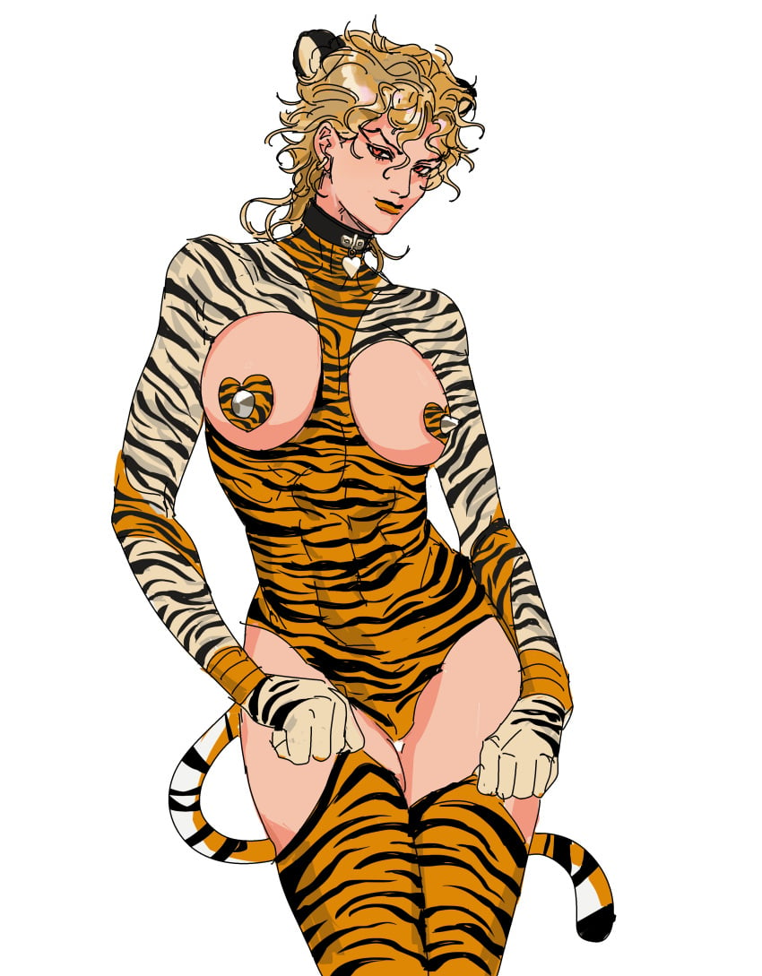 1girls abs adjusting_clothes adjusting_legwear animal_ears animal_print ashva blonde_hair breast_cutout breasts collar dio_brando fake_animal_ears fake_tail female genderswap_(mtf) heart_pasties jojo's_bizarre_adventure large_breasts medium_hair messy_hair orange_lips pasties red_eyes rule_63 rule_63 simple_background smile tail thighhighs tiger_ears tiger_print tiger_tail white_background