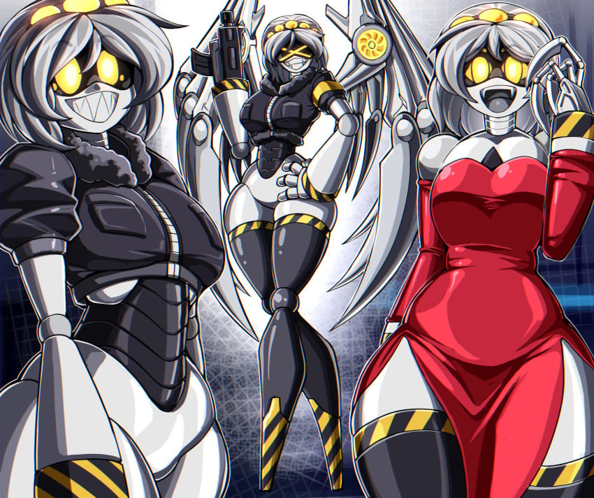 dress female_only fur_clothing hand_on_hip hips hips_grab machine_gun murder_drones no_feet one_piece_dress pilot_uniform robot robot_girl sharp_teeth solo thighs v_(murder_drones) wings xd zzzhodazzz