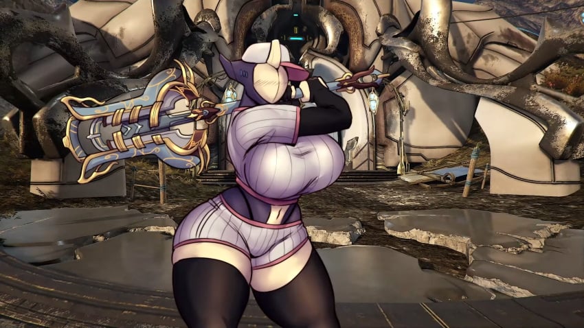 1girls ass blush breasts clothing hat hips holding_weapon huge_breasts large_breasts midriff mrwarframeguy saryn_(warframe) spacewaifu thick_thighs thighhighs thighs video_games warframe wide_hips