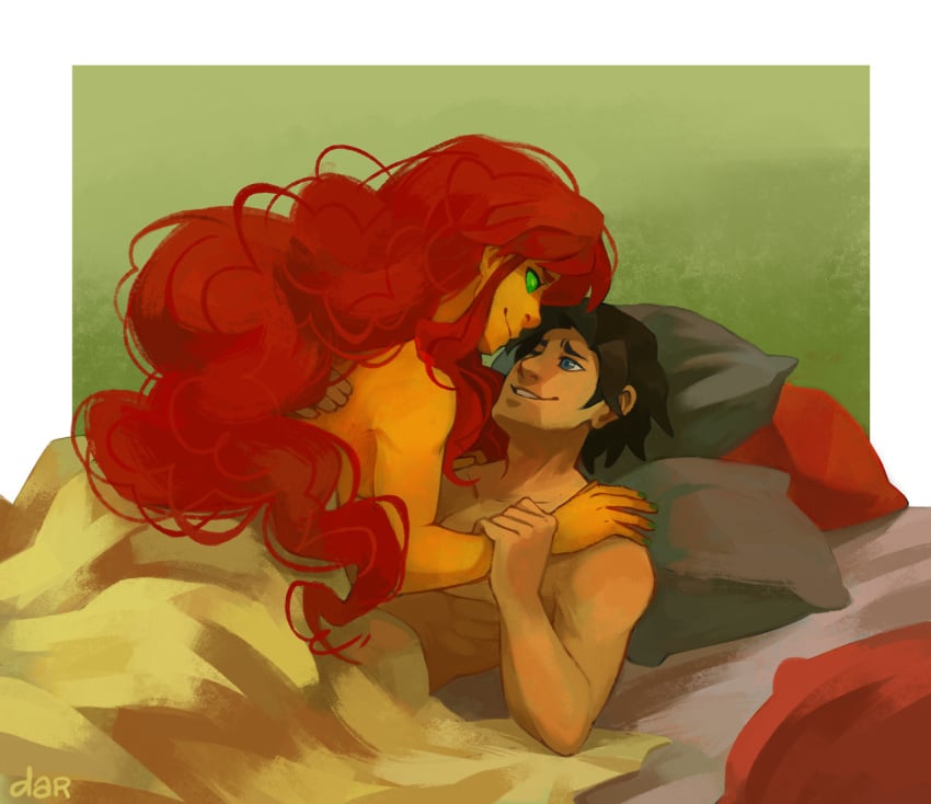 1boy 1girls bigger_female blue_eyes cuddling dc dc_comics dick_grayson eye_contact female female_on_top golden_skin green_eyes intimate koriand'r long_hair looking_at_partner male male/female nightwing on_bed red_hair romantic shirtless starfire starfire_(comics) straight tamaranean teen_titans topless under_sheets wholesome