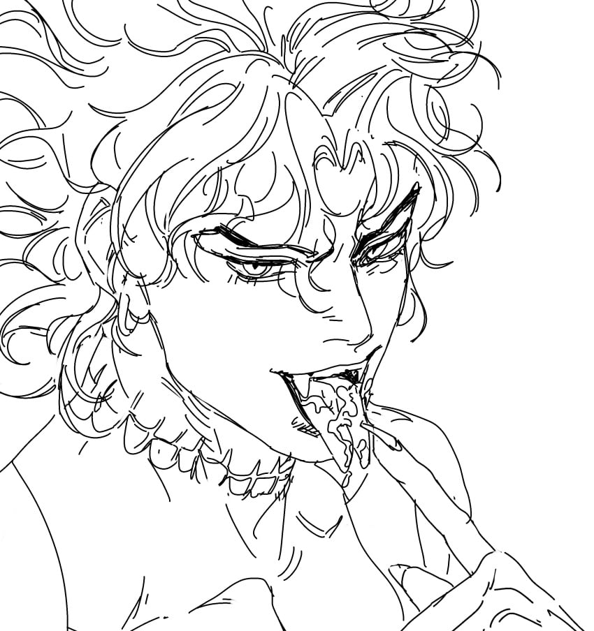 1boy after_fellatio ashva cum cum_in_mouth dio_brando fangs fingernails gay implied_yaoi jojo's_bizarre_adventure long_hair male_focus male_only monochrome nude open_mouth scar scar_on_neck sharp_fingernails stardust_crusaders tongue tongue_out vampire