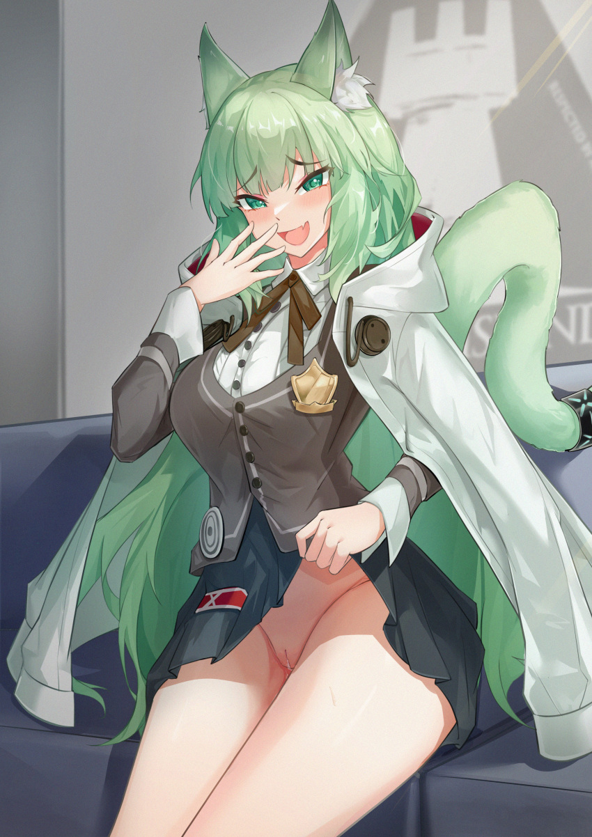 1girls animal_ear_fluff animal_ears arknights cat_ears cat_tail catgirl fang female green_eyes green_hair harmonie_(arknights) laugh legs_together light-skinned_female light_skin long_hair ojou-sama_pose pussy shirt_lift sitting sktre12 smile smug solo