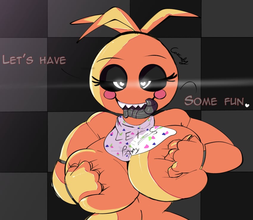 animatronic avian big_breasts black_eyes black_sclera blush castinly dialogue five_nights_at_freddy's five_nights_at_freddy's_2 furry grabbing grabbing_own_breast heart long_tongue massive_breasts metal_tongue robot saliva saliva_drip sharp_teeth tongue tongue_out toy_chica_(fnaf)