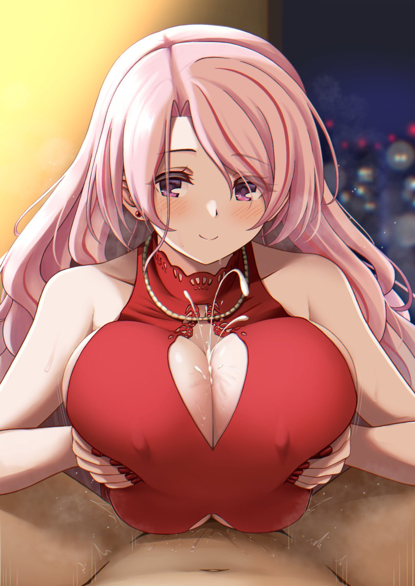 1boy 1girls bare_shoulders blush breasts cleavage cleavage_cutout clothed_paizuri clothing_cutout cum dark-skinned_male dark_skin dress ear_piercing earrings ejaculation ejaculation_under_clothes female hair_between_eyes highres huge_breasts jewelry kantai_collection large_breasts light-skinned_female light_skin long_hair looking_at_viewer luigi_di_savoia_duca_degli_abruzzi_(kantai_collection) male_pov multicolored_hair necklace official_alternate_costume paizuri paizuri_under_clothes piercing pink_eyes pink_hair pov projectile_cum purple_eyes red_dress red_hair simple_background sleeveless sleeveless_dress smile solo_focus sparkle straight streaked_hair stud_earrings suke_(share_koube) very_long_hair