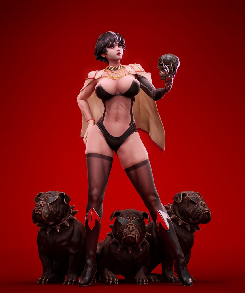 1girls 3d 3d_(artwork) black_hair breasts canine dzung_phung_dinh elizabeth_blythe hips holding_object large_breasts lingerie mechanical_arm medium_hair red_eyes scar simple_background skull subverse thick_thighs thighhighs thighs tummy