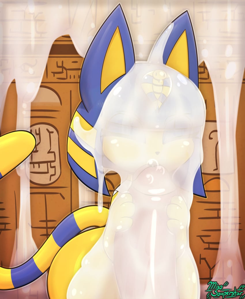 2023 3_toes absurd_res alternate_body_type ambiguous_species animal_crossing ankha ankha_(animal_crossing) anthro anthro_on_feral ass big_butt blue_body blue_eyeshadow blue_hair blue_stripes bodily_fluids bubble chest_wraps cum cum_bubble cum_covered cum_drip cum_everywhere cum_in_hair cum_on_arm cum_on_face cum_on_hand cum_on_head cum_on_leg cum_on_penis disembodied_penis domestic_cat dripping duo erection excessive_cum excessive_genital_fluids eyeshadow feet felid feline felis fellatio female feral feralized foreskin genital_fluids genitals glans hair handjob hi_res huge_butt huge_thighs humanoid_genitalia humanoid_penis licking makeup male male/female mammal markings messy miso_souperstar motion_lines nintendo oral penile penis penis_lick pink_glans red_penis sex solo_focus sound_effects striped_markings striped_tail stripes tail tail_markings text thick_thighs toes tongue tongue_out two-handed_handjob wide_hips wraps yellow_body yellow_fur yellow_inner_ear zoophilia