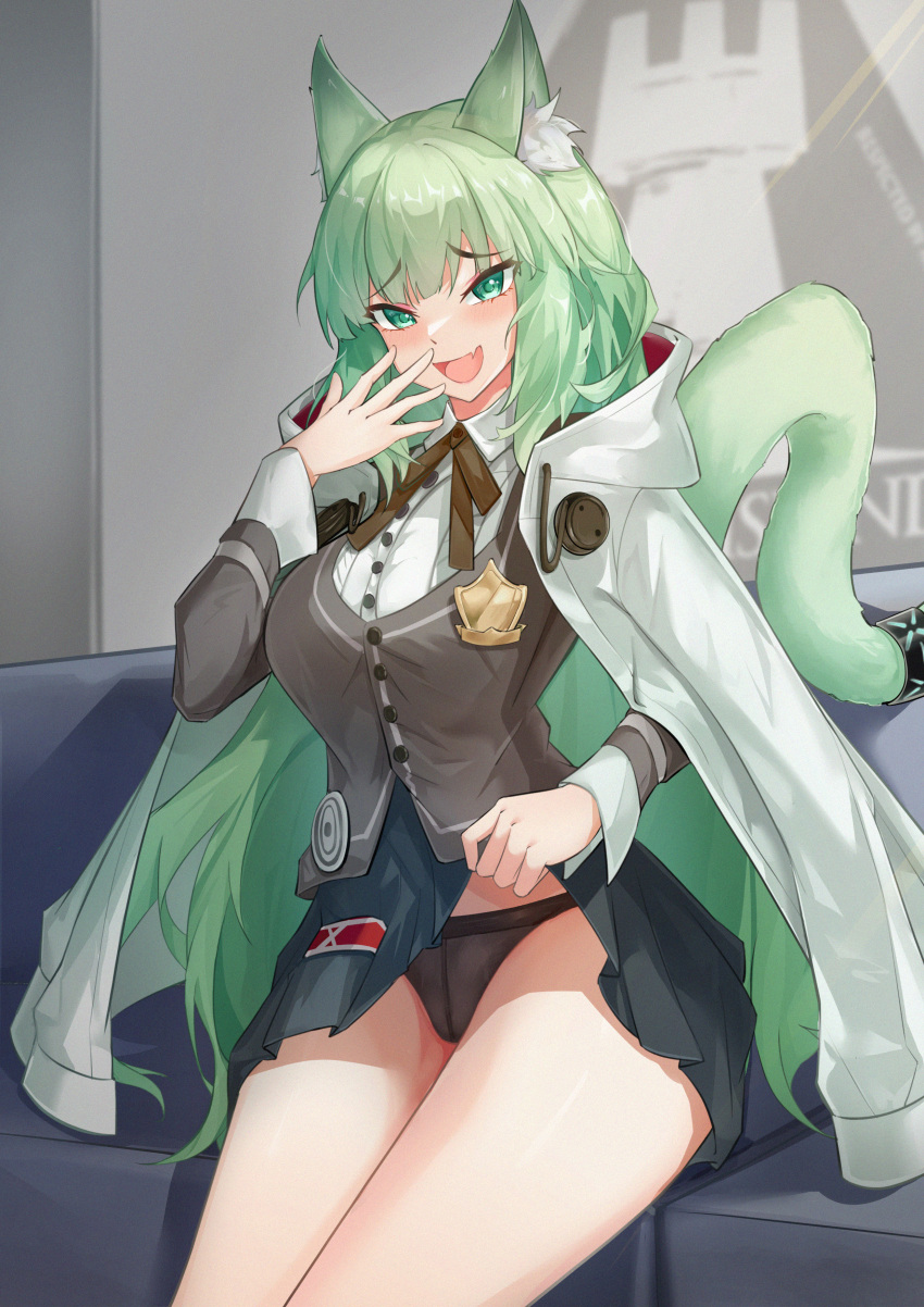 1girls 2023 animal_ear_fluff animal_ears arknights black_panties cat_ears cat_tail catgirl cute_fang fang female green_eyes green_hair harmonie_(arknights) hi_res laugh legs_together light-skinned_female light_skin long_hair oerba_yun_fang ojou-sama_pose panties shirt_lift sitting sktre12 smile smug solo underwear