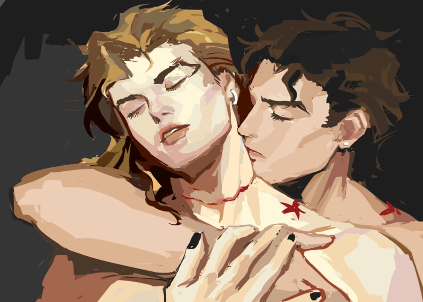 2boys ashva birthmark black_hair black_nails blonde_hair closed_eyes couple dio_brando earrings gay hug jewelry joestar_birthmark jojo's_bizarre_adventure jotaro_kujo kissing lips long_hair male male_focus male_only multiple_boys nude scar scar_on_neck short_hair stardust_crusaders vampire yaoi