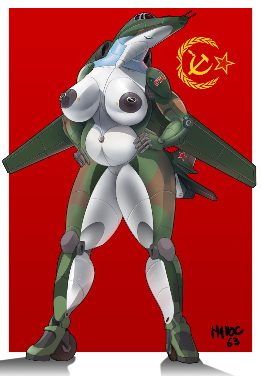 aeromorph aircraft aircraft_humanoid anthro belly big_breasts breasts female hands_on_hips havoc63 hi_res living_aircraft living_machine living_vehicle machine mig-27 red_star russian simple_background smile solo soviet_union vehicle white_belly wings