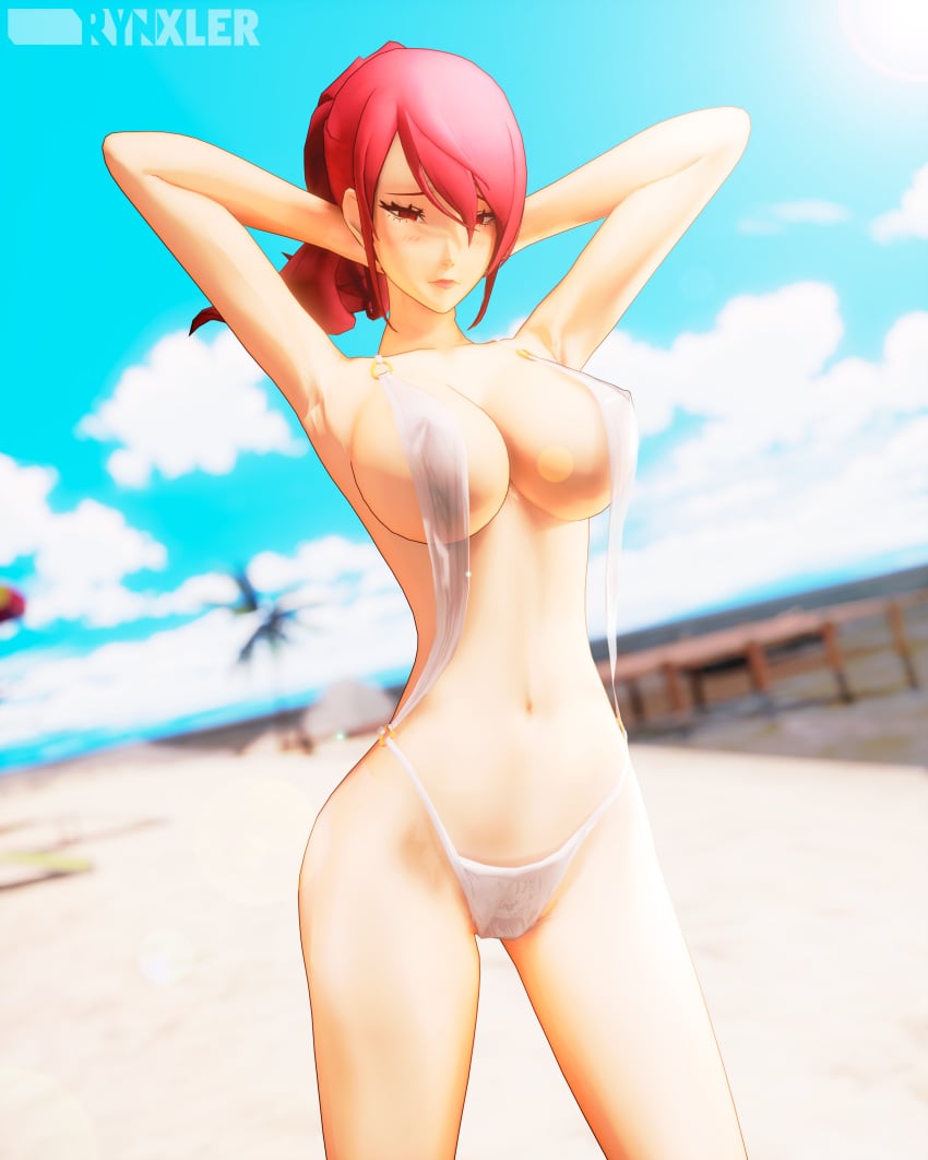 1girl 2026 3d 3d_(artwork) atlus beach big_breasts bra breasts clouds dock mini_bikini mitsuru_kirijo nipples_visible_through_clothing panties partially_clothed persona_3 persona_3_fes persona_3_reload pose red_eyes red_hair rynxler sand sea sky watermark