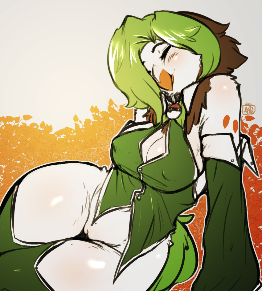 1girls 2016 anthro avante92 avian beak blush bottomless breasts brown_feathers cleavage closed_eyes clothed clothing collar dartrix digital_media_(artwork) feathers female female_only green_feathers green_hair hair hi_res legwear nintendo non-mammal_breasts pokémorph pokemon pokemon_(species) pokemon_sm pokemorph pussy solo source_request text thick_thighs video_games white_feathers wide_hips