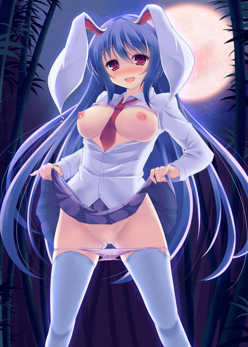 1girls animal_ears bamboo bamboo_forest between_breasts blush bra bra_lift breasts breasts_out bunny_ears dress_shirt female forest full_moon high_resolution large_breasts lingerie long_hair moon nature necktie necktie_between_breasts night open_clothes open_shirt panties panty_pull purple_hair pussy pussy_juice pussy_juice_trail red_eyes reisen_udongein_inaba second_heaven shirt skirt skirt_lift solo standing thighhighs touhou unbuttoned underwear wet_panties white_legwear