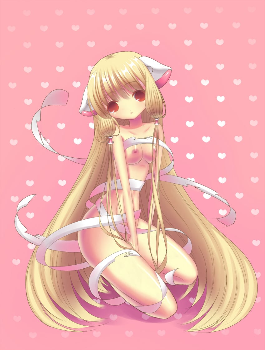 android artist_request blonde_hair breasts brown_eyes chii chobits elda highres long_hair naked_ribbon nipples nude persocom ribbon robot_ears