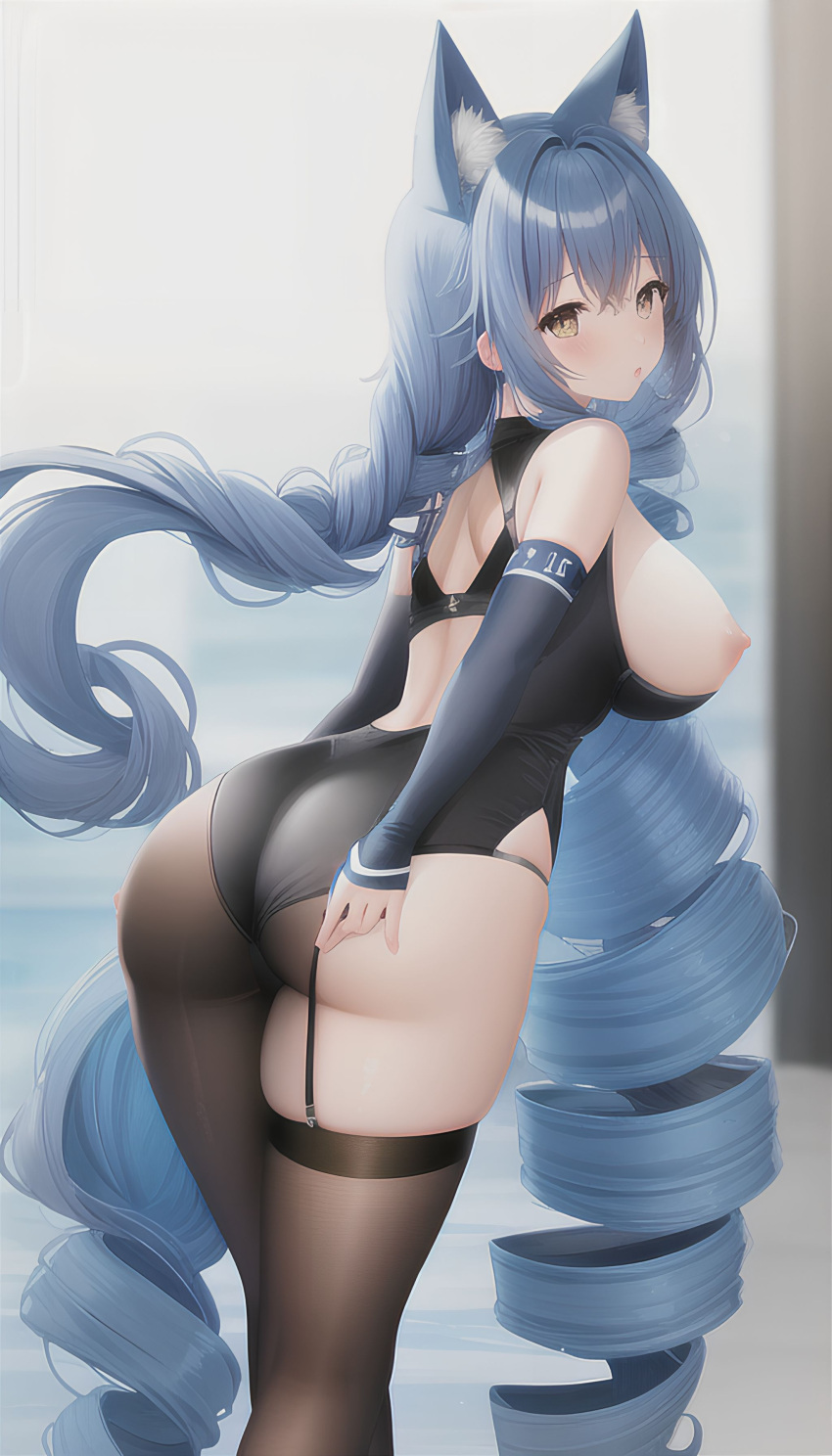 1girls ai_generated animal_ear_fluff animal_ears ass back bangs bare_shoulders black_legwear blue_hair blush breasts bronya_zaychik clothing_cutout curly_hair drill_hair female honkai_impact_3rd large_breasts long_hair looking_at_viewer looking_back nipples ringlets solo thighhighs thighs twin_drills very_long_hair