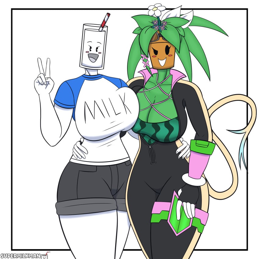 2girls anthro big_breasts blaster_master blaster_master_zero_2 breast_squish breasts cali_(supermilkman) cleavage clothed clothing crossover fanart female_only kanna_(blaster_master) milk non-human object_head original original_character plant plant_girl plant_humanoid plantie self_upload shorts supermilkman tail thick_thighs voluptuous voluptuous_female wide_hips