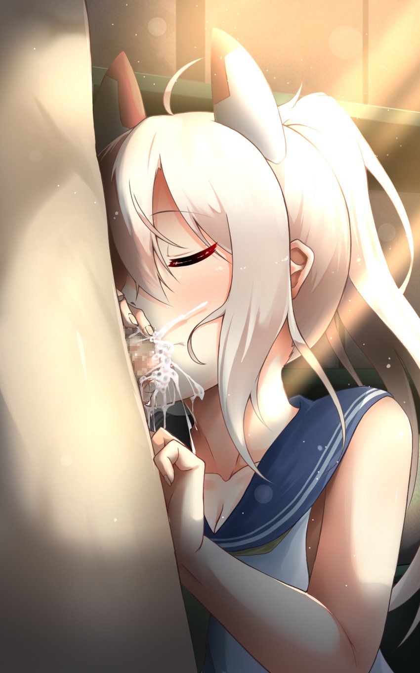 1boy 1girls animal_ears ayanami_(azur_lane) azur_lane breasts closed_eyes cum cum_in_mouth fake_animal_ears fellatio female highres inori_(xyz5568) light-skinned_female light-skinned_male light_skin long_hair oral penis sakura_empire_(azur_lane) standing white_hair