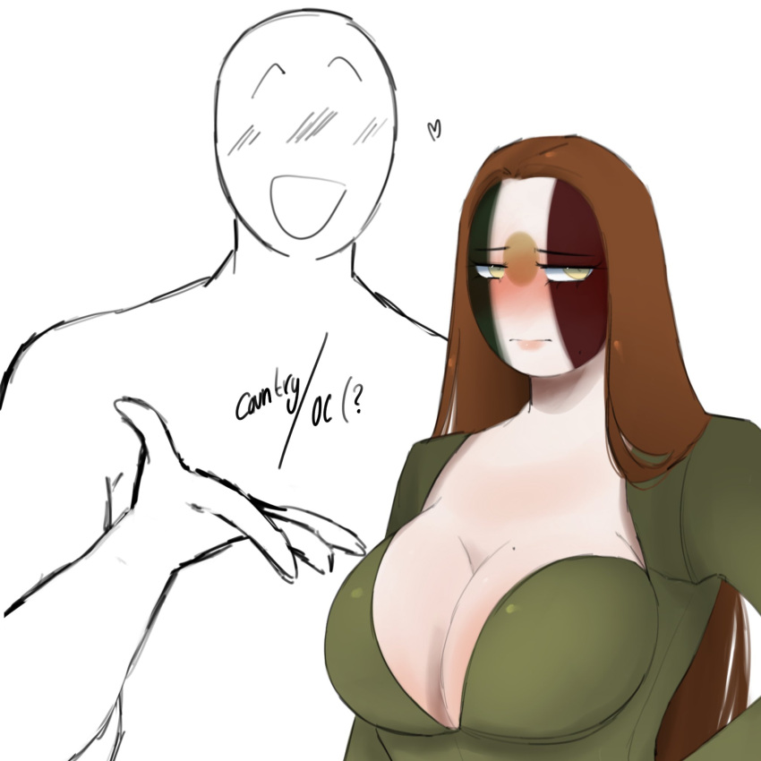 1girls 1other big_breasts blush brown_hair clothing countryhumans countryhumans_girl dress female heart idkcocco long_hair mexico_(countryhumans) ych yellow_eyes