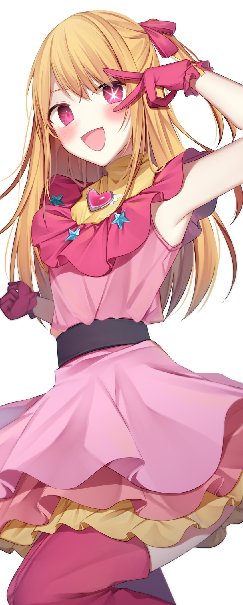 absurdres blonde_hair cosplay dress female gloves hair_ornament hair_ribbon hanasaki_rin hand_up highres hoshino_ai_(oshi_no_ko)_(cosplay) hoshino_ruby long_hair open_mouth oshi_no_ko pink_eyes pink_gloves ribbon sleeveless solo star_(symbol) star_in_eye symbol_in_eye turtleneck_dress upper_body