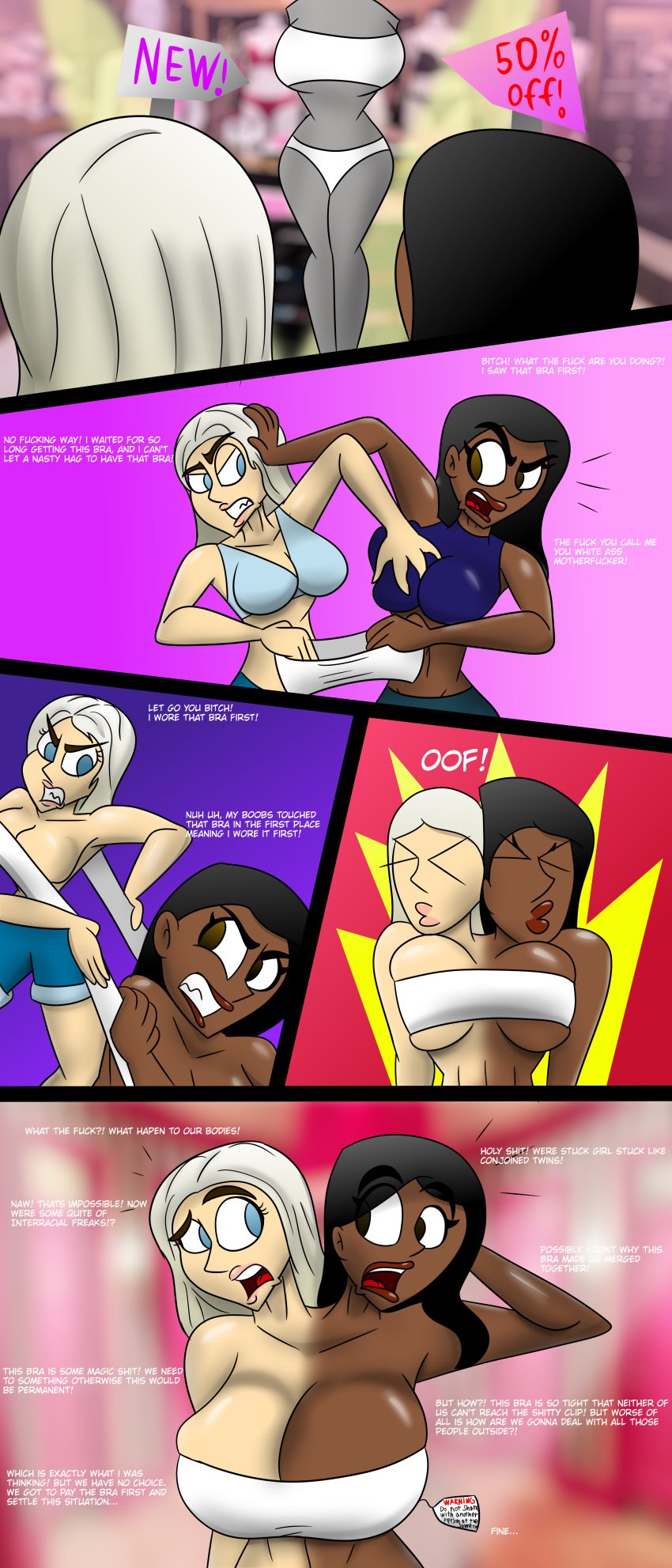 argument black_body black_hair black_skin blue_eyes bra brown_eyes commission commission_art conjoined conjoined_twins fight fighting fusion huge_breasts interracial large_breasts merging pulling pulling_clothing pushing pushing_away reaper2545 sharing sharing_clothes squish squished_breasts straight_hair stuck stuck_together two_tone_body two_tone_skin white_bikini_top white_body white_hair white_skin