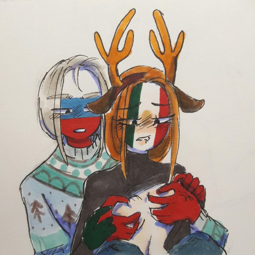 1boy 1girls blush christmas clothing countryhumans countryhumans_girl eyebrows_visible_through_hair female gray_background idkcocco male mexico_(countryhumans) red_body red_skin russia_(countryhumans) simple_background white_body white_skin