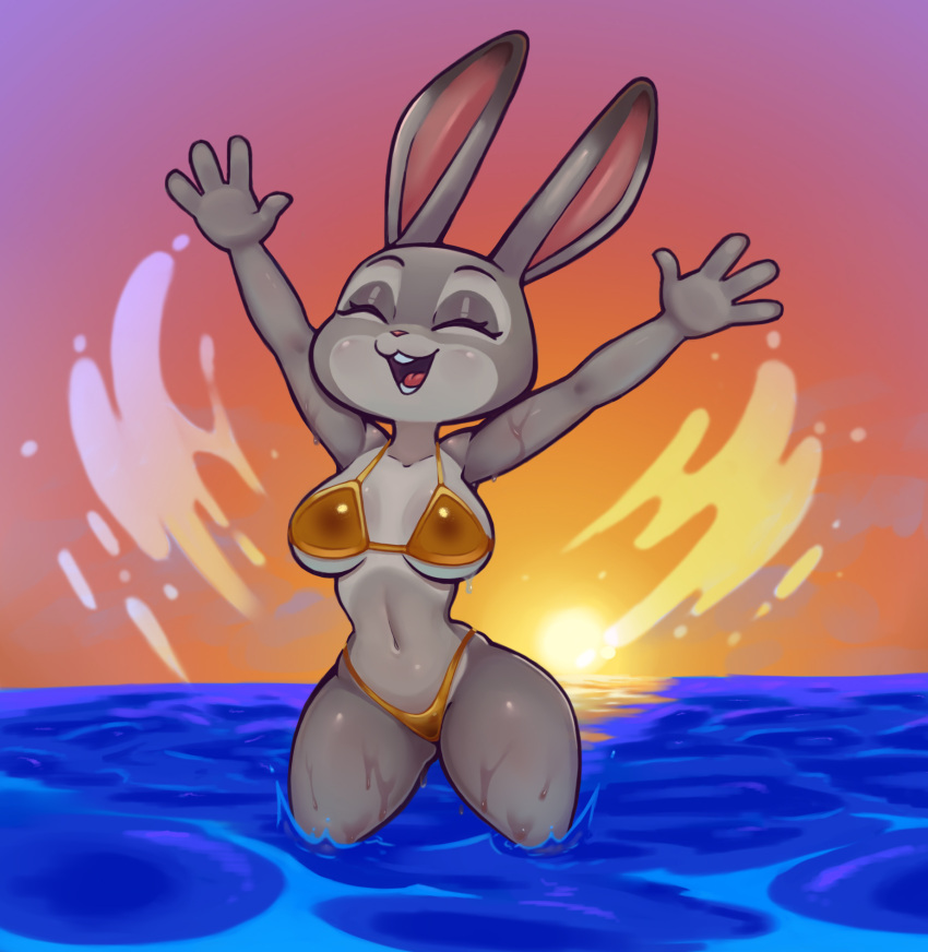 1girls anthro bikini breasts cleavage closed_eyes clothing female female_only fur golden_bikini grey_fur hi_res humanoid judy_hopps mammal mammal_humanoid medium_breasts nebssik partially_submerged rabbit rabbit_humanoid solo thick_thighs tits zootopia