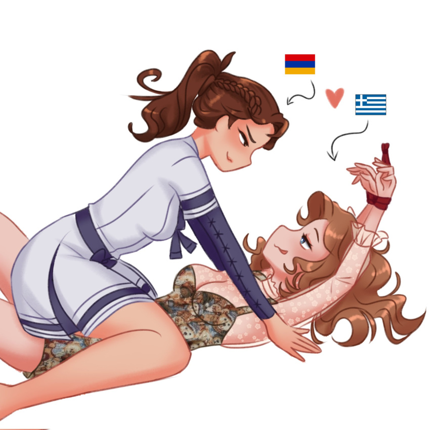 2girls armenia armenia_(countryhumans) armenian armenian_flag blonde_hair blue_eyes brown_eyes brown_hair clothing countryhumans countryhumans_girl female female_only greece greece_(countryhumans) greek greek_flag humanized light-skinned_female light_skin medium_hair nahui nahui_(artist) national_personification ponytail simple_background wavy_hair white_background wholesome yuri