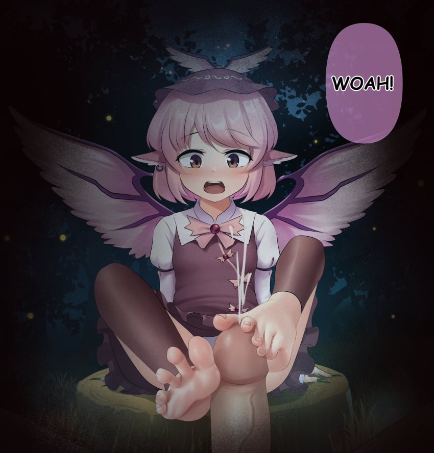 absurdres barefoot earrings erection feet female footjob hat highres jewelry knees_up looking_at_viewer maozi_dan mystia_lorelei night open_mouth penis pink_hair single_earring sitting_on_tree_stump soles spread_toes tagme teeth toenails toes touhou two-footed_footjob upper_teeth_only wings