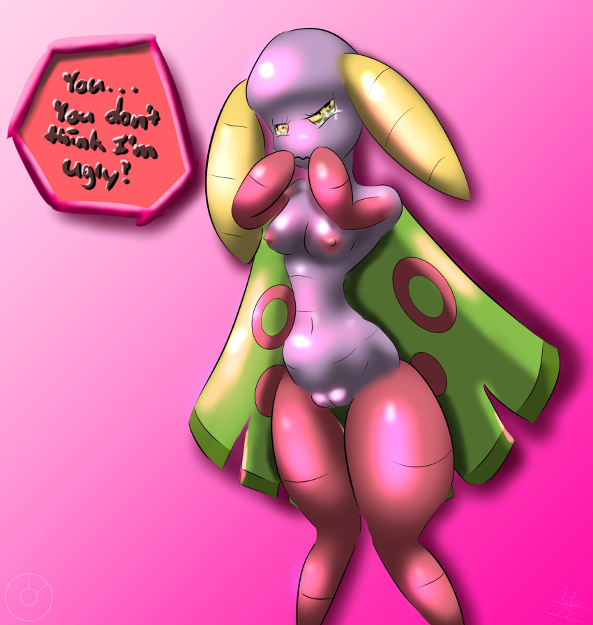 antennae anthro breasts bug dustox female female_only heart highres insects lifecreator203 nipples pokémon_(species) pokemon pussy small_breasts tears text thick_thighs thin_waist wings