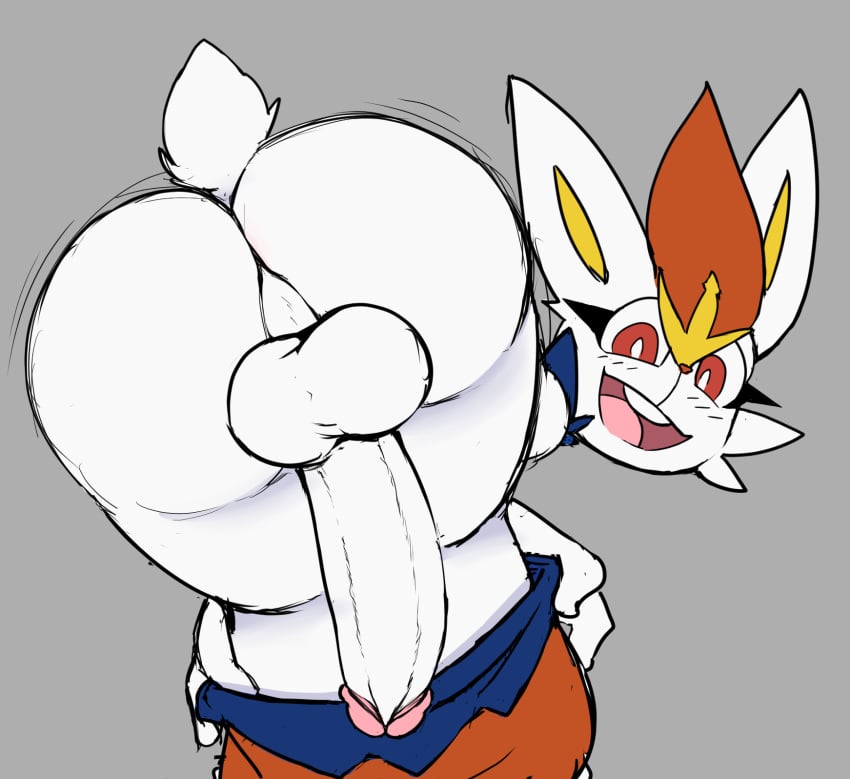 1boy anthro ass balls bent_over big_butt big_penis bottomwear bottomwear_down cheerful cinderace clothed clothing erection femboy fur furry furry_only generation_8_pokemon genitals happy hi_res huge_cock humanoid_genitalia humanoid_penis hung_trap lagomorph looking_at_viewer looking_back looking_back_at_viewer male male_only mammal neko3240 nintendo nude open_mouth pants pants_down partially_clothed penis penis_tuck perineum pokemon pokemon_(species) presenting presenting_hindquarters rear_view short_tail slim smile solo tail teeth toony white_body white_fur