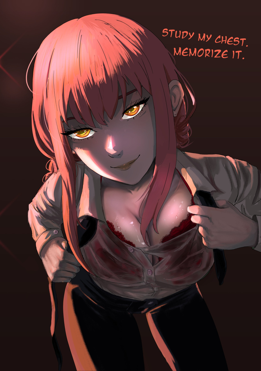 bra bra_peek bra_visible_through_clothes braid braided_hair breasts_visible_through_clothing cani_(artist) chainsaw_man looking_at_viewer makima_(chainsaw_man) red_bra red_hair seductive seductive_smile see-through see-through_clothing see-through_shirt smile stare tie tied_hair undressing yellow_eyes