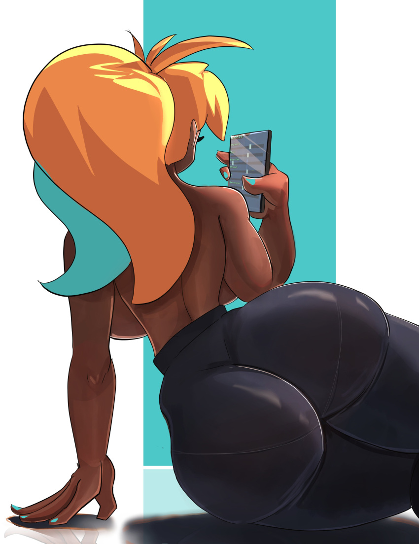 ass_focus back_to_viewer back_view big_ass black_leggings carol_(carro3dsculpts) carro3dsculpts cellphone dand_u dark-skinned_female dark_skin leggings phone skin_tight two_tone_hair