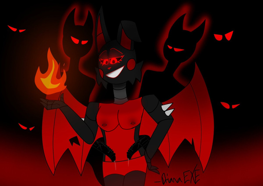 1girls 6boys artist big_breasts black_fur breasts briana_exe cum_on_lower_body demon dick edit fire grin oc party piercing precum precum_drip rabbit red_eyes smile teasing veiny_penis