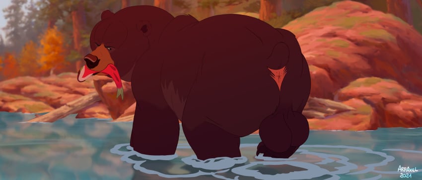 anus arf-fra ass balls bear big_balls brother_bear brown_bear disney feral feral_only fish genitals grizzly_bear hi_res male mammal marine presenting presenting_anus presenting_hindquarters salmon salmonid_(fish) solo solo_feral tug_(brother_bear) ursine