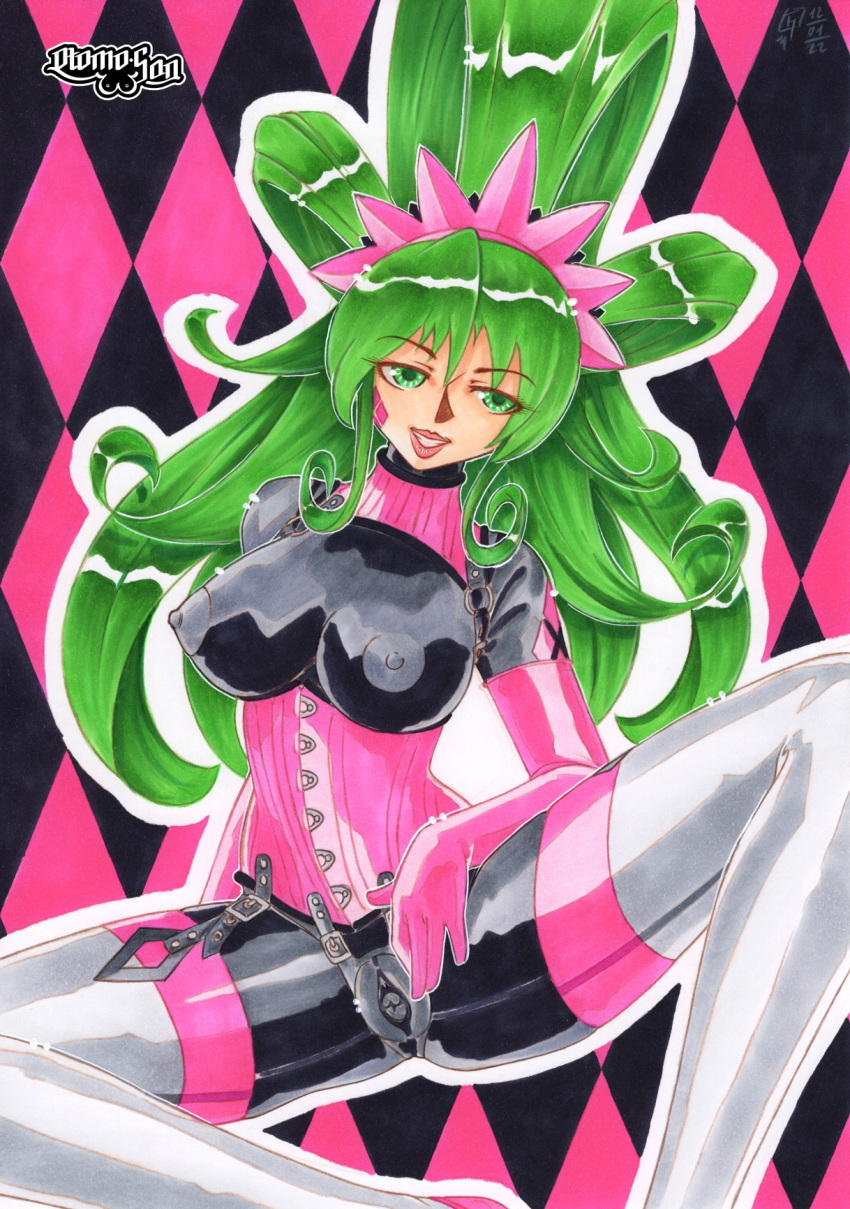 black_background black_suit boots breasts card corset fingering formal gloves green_eyes grey_hair highres joker_(card) large_breasts latex non-web_source pink_background pink_headwear playing_card pussy rubber_boots rubber_gloves suit thighhighs