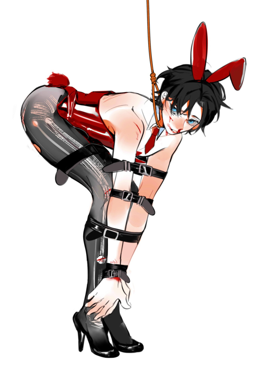 arms_tied arms_tied_to_legs bdsm belt_bondage bent_forward bent_over bestrongtdfans black_hair blood blue_eyes bondage bunny_ears bunnysuit crossdressing dc dc_comics femboy heels high_heels maid male male_focus male_only pantyhose red_robin seductive seductive_pose skintight solo_male submissive_male tim_drake torn_clothes torn_legwear torn_pantyhose twink yaoi