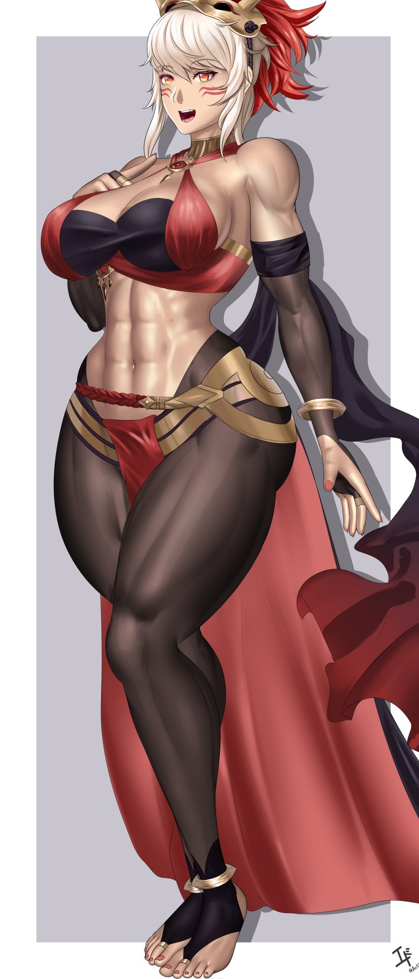 1girls abs alternate_costume arcedo bangs bare_midriff barefoot breasts cleavage cosplay dancer dark-skinned_female dark_skin dorothea_arnault_(cosplay) dorothea_arnault_(plegian)_(cosplay) female female_only fire_emblem fire_emblem:_three_houses fire_emblem_fates fire_emblem_heroes hourglass_figure large_breasts mask midriff muscular muscular_female nail_polish nintendo orange_eyes pantyhose plegian red_nails rinkah_(fire_emblem) short_hair solo white_hair wide_hips