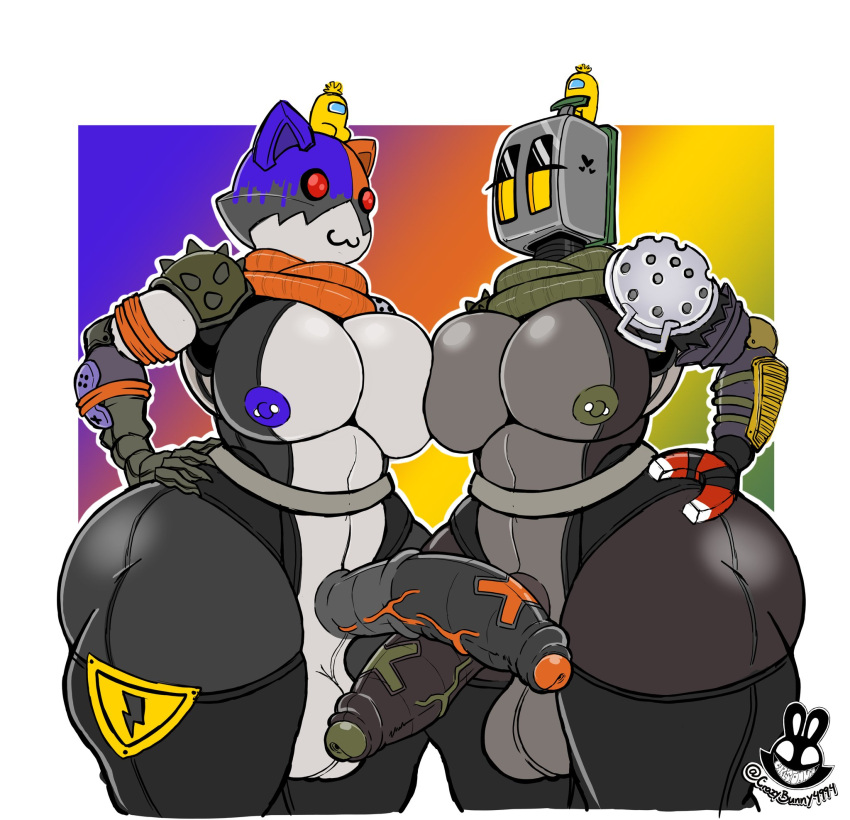 2boys alternate_version_available among_us among_us_yellow armor breasts breasts_to_breasts busty_boy cat_ears cat_face christomwow crazybunny4994 fortnite hand_on_hip kitbash_(fortnite) male_only penis thick thick_ass thick_thighs touching_penis veiny_penis yaoi